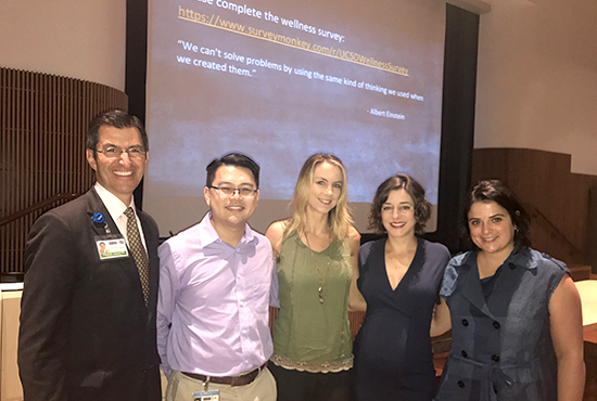 Dr. Alexander Norbash, Radiology Chair (left), with Radiology Wellness Program co-Directors Drs. James Chen, Megan Hellfeld, Isabel Newton and Rebecca Rakow-Penner